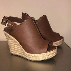 Adorable brown peep toe wedges